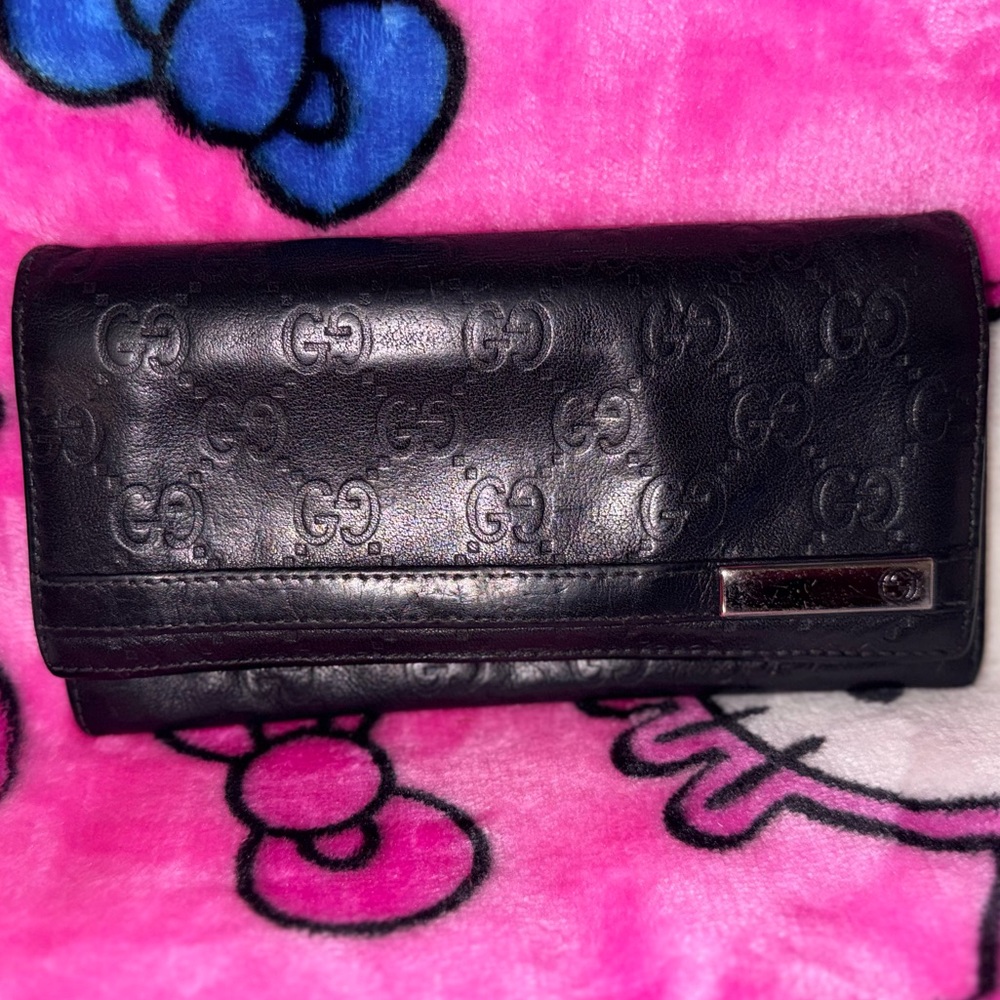 Gucci Black Embossed GG Leather Continental Wallet with Metal Logo Plaque